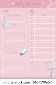 Daily planner for recording scheduled tasks, creating notes and daily affirmations. The background is soft pink with magical elements: potion, crystal, mushroom
