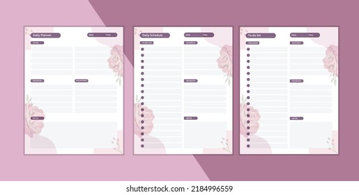 Daily planner,  schedule. To do list plan template. kdp Planner notebook with flower