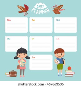 Daily planner and schedule with place for notes. Cute illustration with school kids and education design elements.