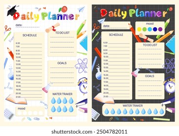 Daily planner for school children printable vector template set decorated with school supplies 