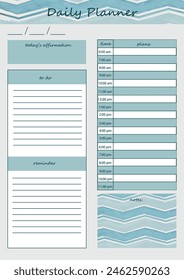 Daily planner in shades of blue with watercolor illustration. For creating a daily schedule, notes and daily affirmations
