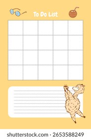 Planejador diário, uma folha para notas com uma lhama segurando café. Uma planilha do planejador para notas e impressão.