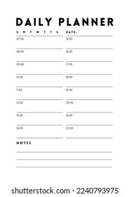 Daily Planner Simple Minimal Template. Undated Organizer and Schedule with place for Notes.