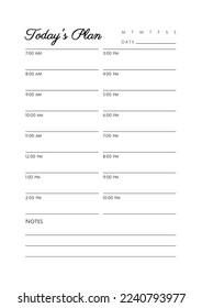 Daily Planner Simple Minimal Template. Undated Organizer and Schedule with place for Notes.