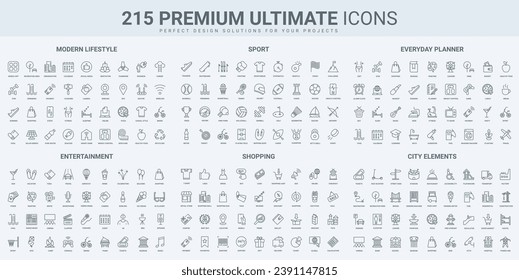 Daily planner for sport training and learning, healthy diet thin black line icons set vector illustration. Outline symbols of lifestyle plan for shopping and entertainment, fitness, city buildings