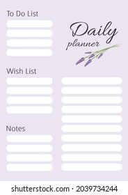 Daily planner with a sprig of lavender. Vector illustration.