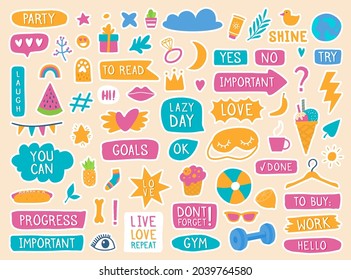 Daily planner stickers, cute diary or journal doodle elements. Trendy decorations, quotes, text for notebooks, organizers, planners vector set. Notepad badges as ice cream, pineapple