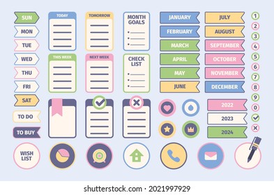 Daily planner stickers. Notebook diary papers design elements symbols for organizing business or self processes scrapbooking pictures garish vector set