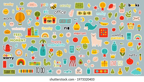 Daily planner stickers. Weekly bullet journal stickers, hand drawn cute daily planner vector symbols set. Daily scheduler stickers. Reminder planner elements to daily and week timetable illustration