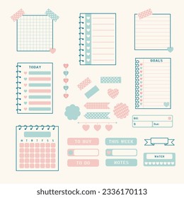 Daily planner and sticky notes set. Bullet Journal elements. Pastel color planner theme with hearts. Monthly planner. Weekly planner.