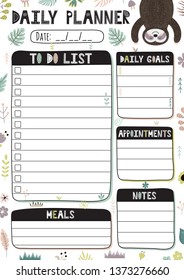 Daily Planner Template with A4 format. Organizer and Schedule with a cute sloth. Vector illustration