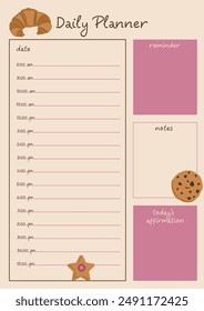 Daily planner template with baking illustration. Contains a section for schedules, notes and reminders.