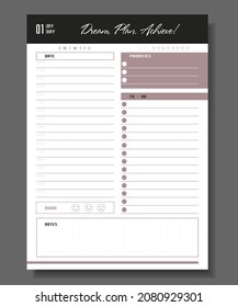 Daily planner template. Blank notebook page isolated on grey. Business organizer page. Paper sheet
