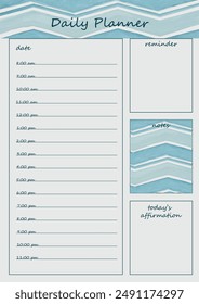 A daily planner template with a blue zigzag pattern, featuring sections for date, hourly schedule, reminders, notes, and daily affirmation. Perfect for organizing daily tasks stylishly.