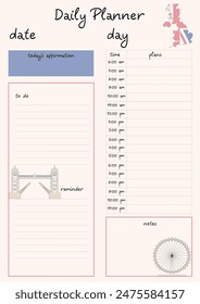 Daily planner template with a British theme. Elegant template for to-do list, reminders, plans and notes.