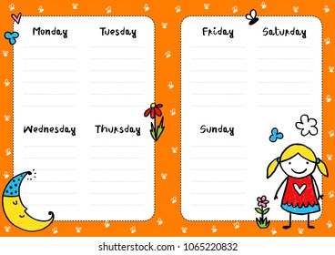 Daily planner template, diary childish page. Note paper with funny Illustrations. Perfect for kids. Organizer and calendar with hedgehog and house.
