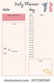 Daily planner template with a French theme featuring sections for date, day, affirmation, to-do, reminder, plans, and notes. Includes illustrations of wine, cheese, and a France map