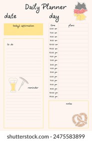 Daily planner template with German food theme. Convenient and effective planner for daily entries.