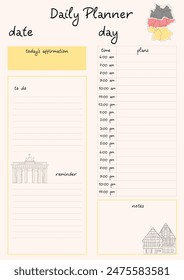 A daily planner template with a German theme. Illustrations feature the Brandenburg Gate, a traditional German house, and a map of Germany divided into regions.