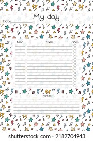 Daily planner template isolated. Printable to do list page. Blank personal task organizer. Funny doodle design. Vector illustration.