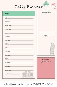 Daily planner template with Italian theme. Elegant and functional design that contains sections for schedules, notes and reminders.