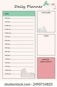 Daily planner template with Italian theme. Contains sections for schedules, notes, and reminders. The template is designed in the colors of the Italian flag, with the main attractions