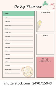 Daily planner template with Italian theme. Contains sections for schedules, notes, and reminders. The template is designed in the colors of the Italian flag, with the main Italian food