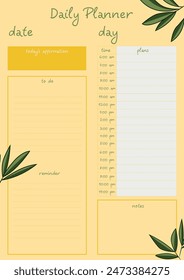 Daily planner template with natureinspired yellow and green design for efficient organization