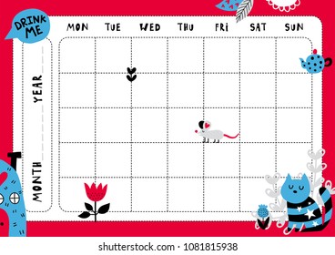 Daily planner template. Note paper with funny Illustrations. Perfect for kids. Organizer and calendar with magic elements.