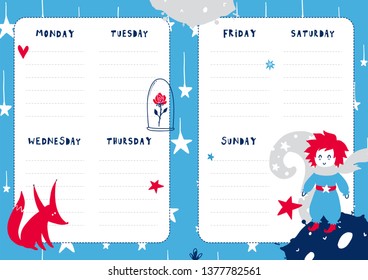 Daily planner template. Note paper with funny Illustrations. Perfect for kids. Organizer and calendar with magic elements.