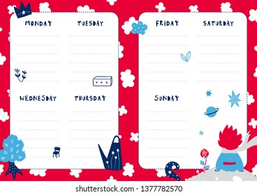 Daily planner template. Note paper with funny Illustrations. Perfect for kids. Organizer and calendar with magic elements.