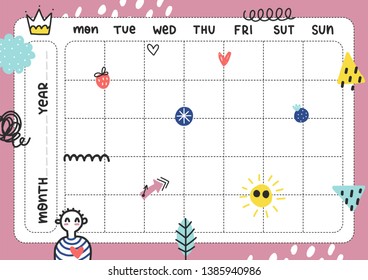 Daily planner template. Note paper with funny Illustrations. Perfect for kids. Organizer and calendar with summer elements.