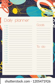 Daily Planner Template. Organiser and Schedule with place for Notes and Goals. Vector.