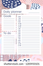 Daily Planner Template. Organiser and Schedule with place for Notes and Goals. Vector.