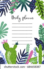 Daily planner template. Organizer and schedule with place for Notes. Vector illustration. Cute and trendy