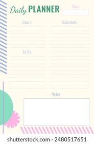 Plantilla diaria del planificador con lugar para la programación, lista de tareas, objetivos, notas. Plan de Vertical en formato A4 para un día con Elementos estilo memphis