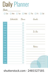 Plantilla diaria del planificador con lugar para la programación, objetivos, lista de tareas, notas. Vertical A4 formato diario personal planner página. Panorámica digital.