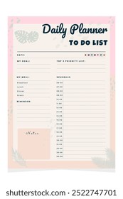 Daily planner template. Printable to do list. Business organizer page. Paper sheet. Vector illustration