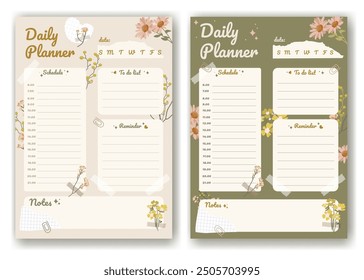 Plantilla de planificación diaria en estilo vintage decorada con flores silvestres y plantas en colores pastel orgánicos. Planificador diario para el Web e impresión con horario y lista de tareas, notas. Ilustración vectorial