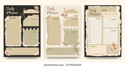 Daily planner template set in vintage style decorated with wild flowers and plants in organic pastel colors. Daily planner for web and print with schedule and to-do list, notes. Vector illustration