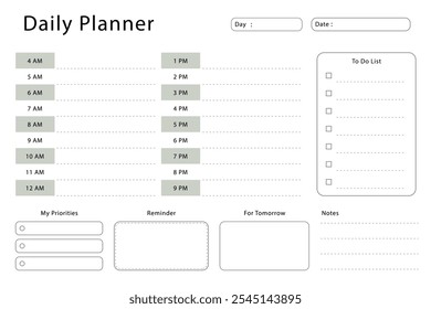 Daily planner template. Simple design for scheduling and planning your daily activities.