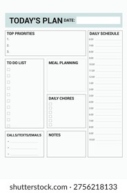Daily planner template with structured layout for organizing tasks scheduling and tracking progress Includes sections for priorities daily schedule to do list meal planning chores calls texts emails and notes Easy to customize fully editable vector file Suitable for productivity and goal planning