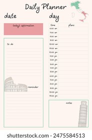 A daily planner template themed around Italy. The design is elegant and functional, providing a structured layout for daily planning.