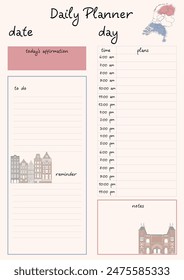 A daily planner template themed around the Netherlands. The design is clean and functional, perfect for organizing daily tasks.