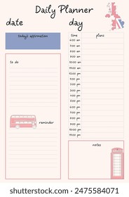 A daily planner template with a UK theme. The template features sections for date, day, affirmation, to-do list, reminder, plans, and notes.