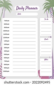 Daily Planner template vector. Palms floral decoration background, To Do list, goals, notes. Business notebook management, organizer