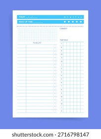 Daily planner template with wake up time header, weekday strip, habit hearts, long to do checklist, comment area and grid timetable section. Minimal blue vector printable page.