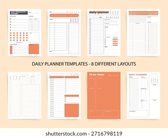 Daily planner templates bundle with 8 different layouts: schedule timetable, to do checklist, mood habit trackers, budget expenses, meals and water logs, notes. Minimal printable vector pages.