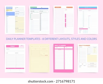 Modelos de planejador diário empacotado com 8 layouts, estilos e cores: cronograma de bloco de tempo, para fazer checklist, prioridades, notas, clima humor e rastreadores de hidratação. Pastel mínimo de páginas de vetor imprimíveis.