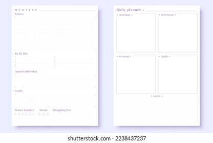 Daily planner time day blank cute purple flat set. To do task morning afternoon evening mark water tracker shopping list important note completed A5 page organizer goal tracking schedule office page